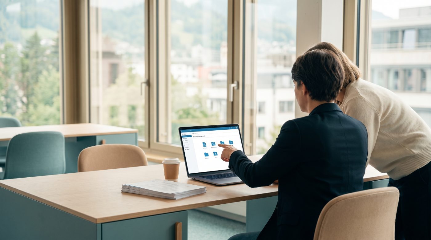 Deux collègues consultant une interface de gestion documentaire sur un ordinateur portable