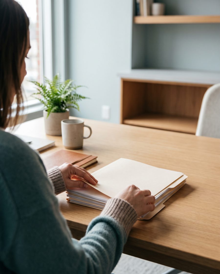 Personne classant des documents papier sur un bureau